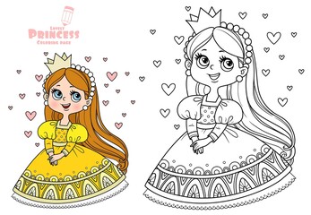Cute princess in yellow dress surrounded by hearts outlined and color for coloring book