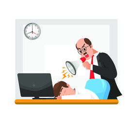 A boss scolding an employee with a megaphone for falling asleep on the work table