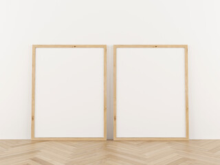 Two vertical wooden frame mockup. Two mock up poster on wooden floor. 2 frame 3d illustrations.