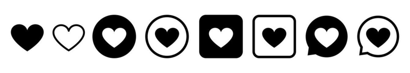 Like and love heart vector icon set. Social app hearts web symbols or buttons isolated on white background. Vector illustration eps10.