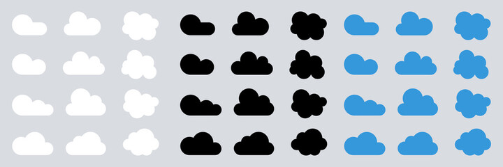 Set of cloud vector icon. Flat white, blue and black color clouds isolated on gray background. Vector illustration EPS 10.