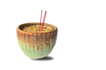 Incense in an old incense burner on a white background