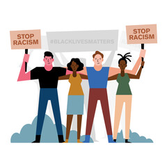 Black lives matter stop racism banners people and shrubs vector design