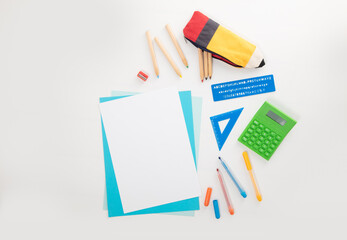 School objects in desk table