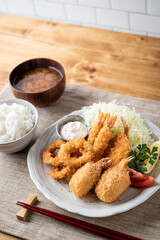 japanese deep fied seafood with rice and miso soup