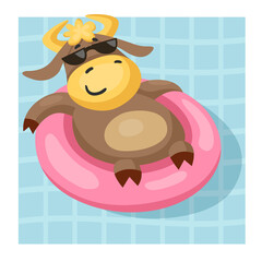 Funny bull or cow, symbol of the new year 2021,relaxing in the pool on the swim ring. Vector cartoon illustration or postcard.