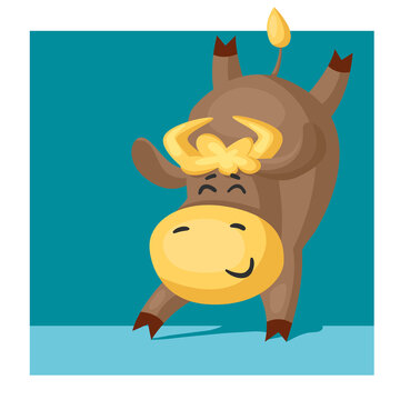 Funny Bull Or Cow, Symbol Of The New Year 2021,standing Upside Down. Vector Cartoon Illustration Or Postcard.