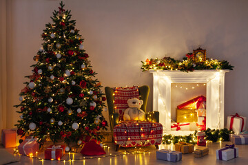 Christmas tree pine with gifts lights garland night New Year's