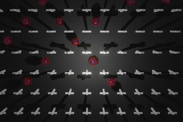 Coronavirus covid-19 death with grave crosses. Bare cross in graveyard cemetery. 3D illustration