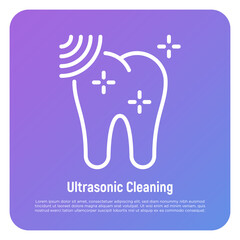 Ultrasonic cleaning thin line icon. Dental hygiene. Shining tooth. Vector illustration.