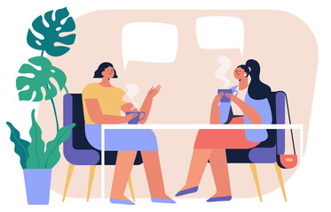 Two young women drinking tea or coffee and talking  in a cafe. Friendship, communication. Flat vector illustration