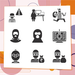 Simple set of 9 icons related to stealing