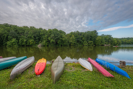 Kayaks along the shore of the lake at Gifford Pinchot State Park, Pennsylvania.