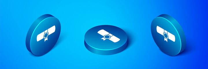 Isometric Decree, paper, parchment, scroll icon icon isolated on blue background. Blue circle button. Vector.