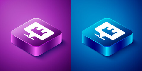 Isometric Location king crown icon isolated on blue and purple background. Square button. Vector.