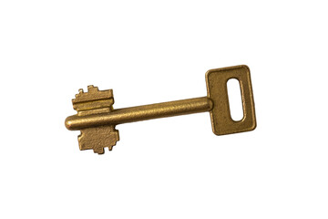 Old door key of gold color isolated on white background.