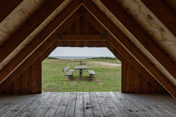 View out of a shelter hut at the Ringkobing Fjord