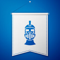 Blue Medieval iron helmet for head protection icon isolated on blue background. White pennant template. Vector.