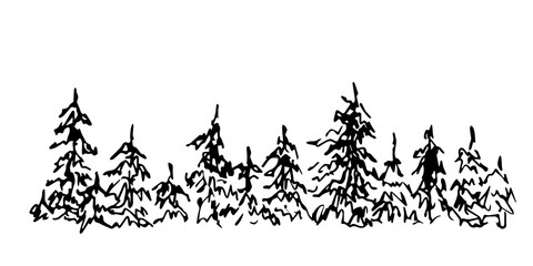 Hand-drawn simple vector drawing. Conifers, spruces, pines, horizontal landscape, dense forest. Wildlife of the north. Panoramic sketch in ink.