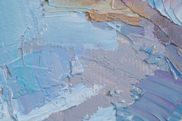 Embossed pasty oil paints and reliefs. Primary colors: gray,  blue,.  Abstract art.