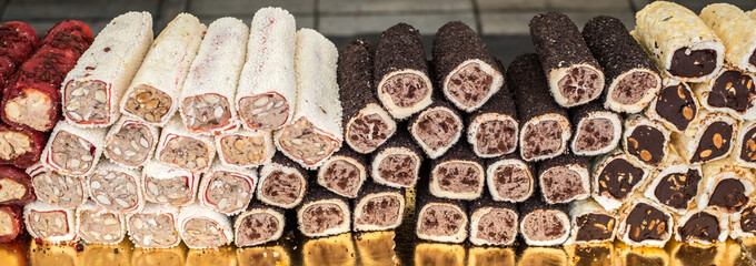 Variety of Turkish signature local foods known as Turkish Delight available for sale mostly in all areas in Turkey country