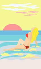 vector color drawing of a girl in the sea