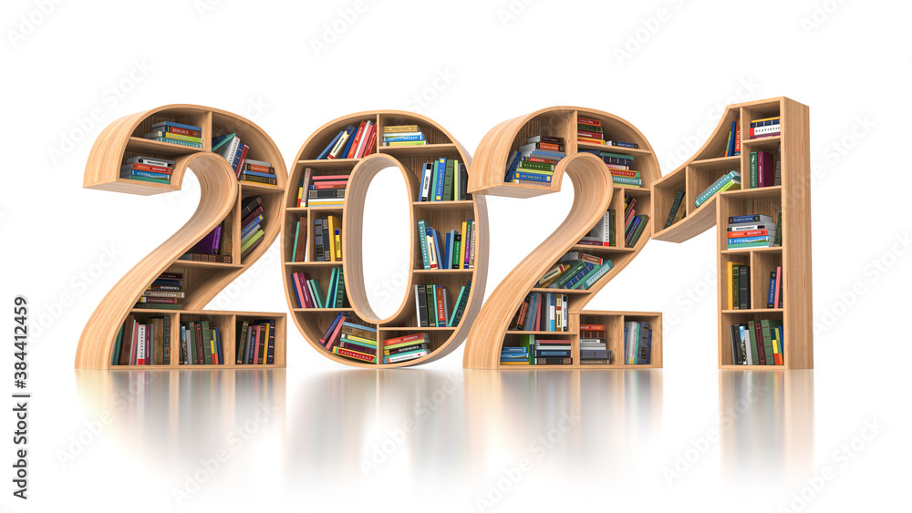 Aufkleber 2021 new year education concept. bookshelves with books in the form of text 2020.