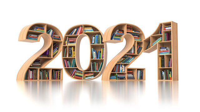 2021 new year education concept. Bookshelves with books in the form of text 2020.