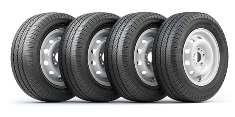 Set of car wheels with tyres for vans and trucks isolated on white background.