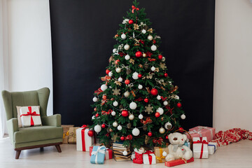 Christmas tree pine decor black background New Year holiday gifts