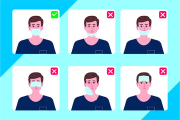 How to wear medical face mask properly. Instruction for personal hygiene during coronavirus. Boy characters wearing right and wrong way of surgical mask or face covering.