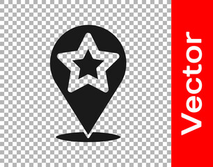 Black Map pointer with star icon isolated on transparent background. Star favorite pin map icon. Map markers. Vector.