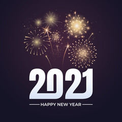 Happy New Year 2021 greeting card design. 2021 text with festive fireworks explosions isolated on dark background. Congratulation banner. Vector illustration.
