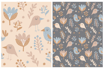 Funny Floral Seamless Vector Pattern. Abstract Freehand Flower and Birds Print.Pale Colors Hand Drawn Flowers and Birds Isolated od a Cream and Dark Brown Background.Cute Abstract Garden Design.