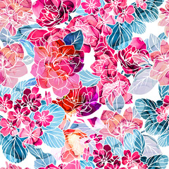 Seamless pattern, flowers with alcohol ink texture