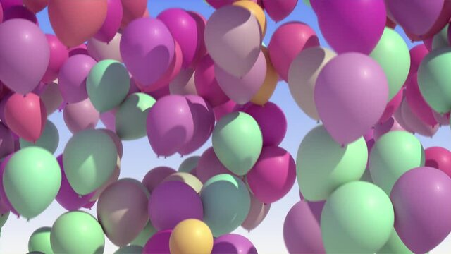 Colorful balloons rising into the in the air. Seamless loop. 3D render