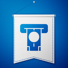 Blue ATM - Automated teller machine and money icon isolated on blue background. White pennant template. Vector.