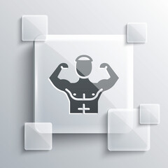 Grey Bodybuilder showing his muscles icon isolated on grey background. Fit fitness strength health hobby concept. Square glass panels. Vector.