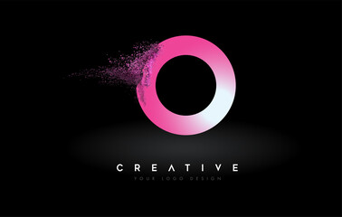 O Letter Logo with Dispersion Effect and Purple Pink Powder Particles Expanding Ash