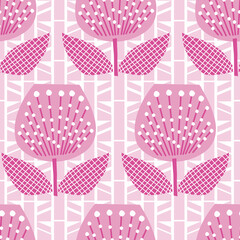Tulip floral with geometric pink and white background. Vector repeat. Great for home decor, wrapping, scrapbooking, wallpaper, gift, kids, apparel. 