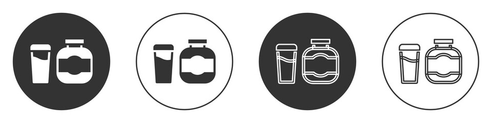 Black Sports nutrition bodybuilding proteine power drink and food icon isolated on white background. Circle button. Vector.