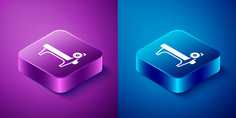 Isometric Bench with barbel icon isolated on blue and purple background. Gym equipment. Bodybuilding, powerlifting, fitness concept. Square button. Vector.