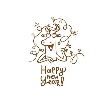 New Year card with cute cartoon bull with  garland. Chinese calendar symbol. Vector holiday poster. Funny animal. Contour  doodle image no fill.