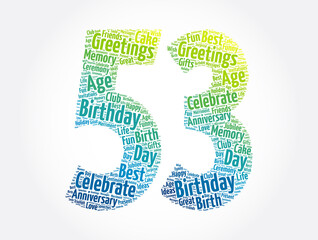Happy 53rd birthday word cloud, holiday concept background