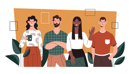 Office life concept, diverse multiracial group of young people, colleagues standing together. Flat vector illustration.
