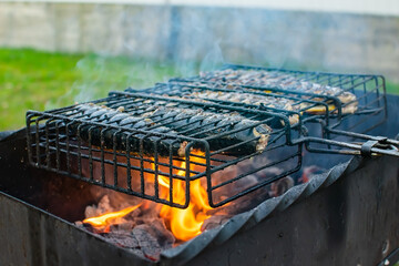 close up, fish, mackerel roasting on the barbecue grill on the chargrill on the background of the fence and lawn of the suburban area