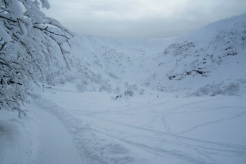 Obraz premium A snowy mountain trail on a gloomy day