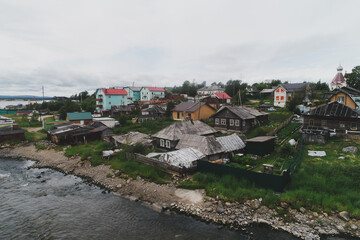 Aerial Townscape of Suburb of the Town Kandalaksha located in Northwestern Russia