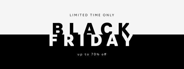 Black Friday Sale banner. Modern minimal design with black and white typography. Template for promotion, advertising, web, social and fashion ads. Vector illustration.
