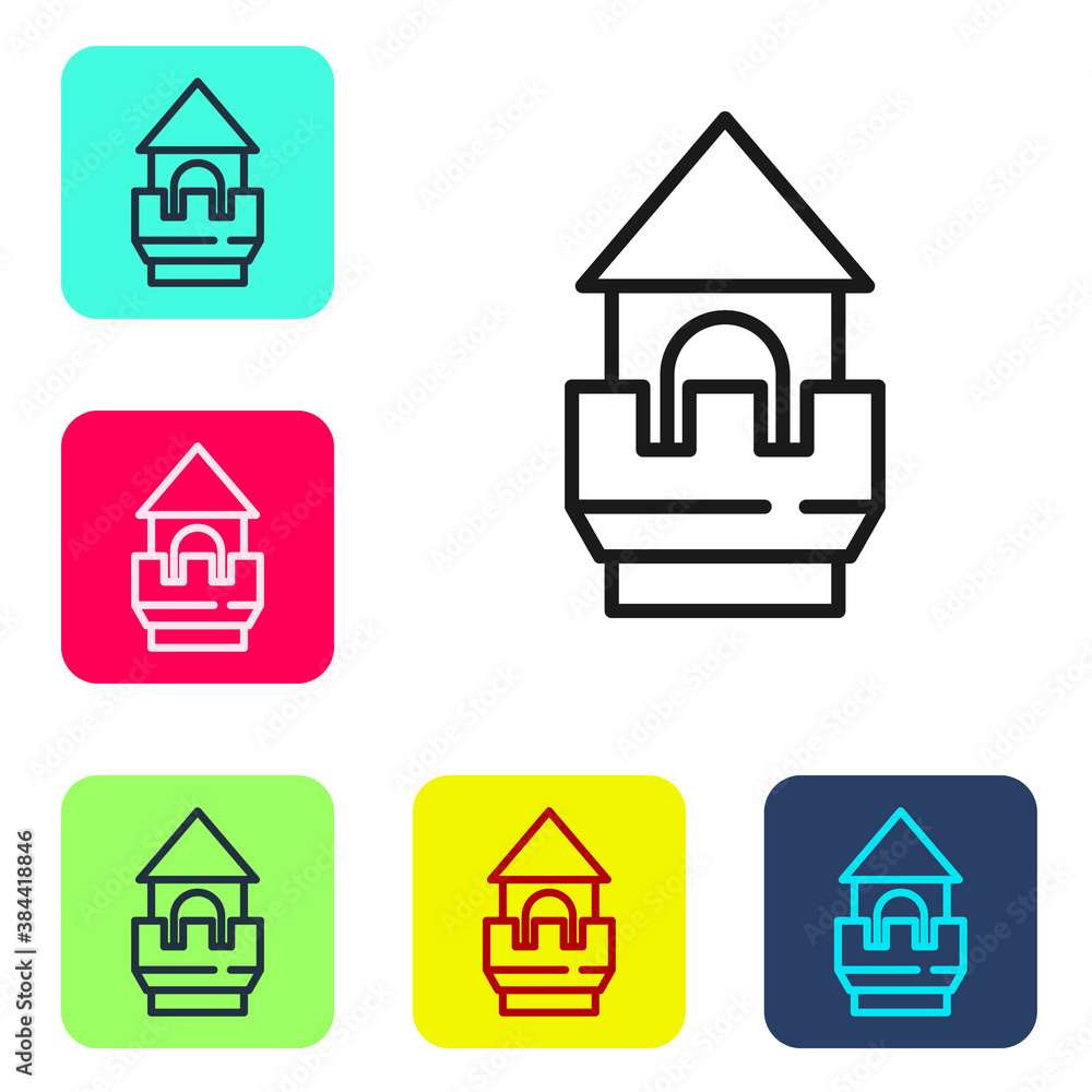 Poster black line castle tower icon isolated on white background. fortress sign. set icons in color square 